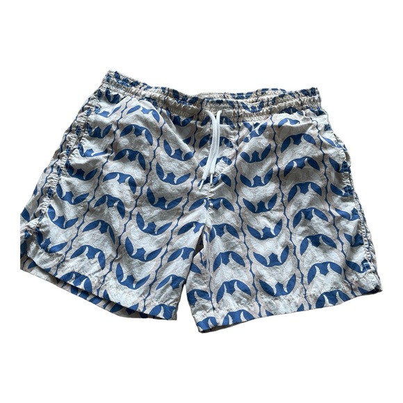 P. Johnson Men’s Swim Shorts Size Medium Blue Cream Front Pockets Netted Lining - Picture 1 of 5